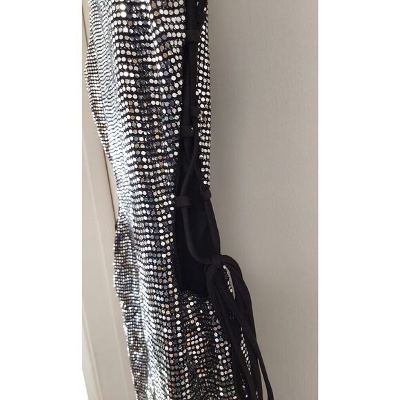 NWOT~Black & Silver Glitter Side Cut Out Party Mini Dress Sz Large - Picture 3 of 3